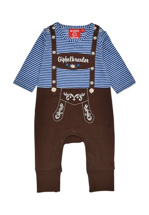 Blue and white striped long-sleeve baby romper with brown suspenders and embroidered "Gipfelkraxler" text and floral details.