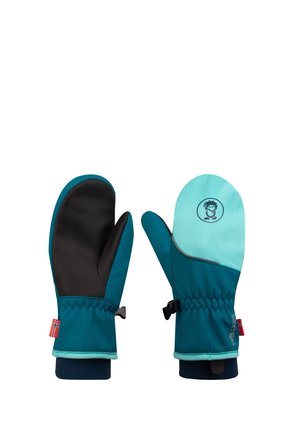 Türkise und schwarze Handschuhe mit wasserdichtem Design, strukturiertem Griff, elastischen Handgelenkabschlüssen und einem kleinen Logo auf einem hellblauen Bereich.