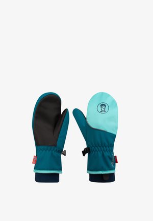 Teal en zwarte wanten hebben een waterdicht ontwerp met een getextureerde grip, elastische polsmanchetten en een klein logo op een lichtblauwe area.