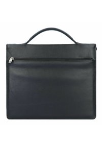 Black leather briefcase with a sleek rectangular shape. Features a top handle and a front zipper pocket. Smooth texture and minimal design.