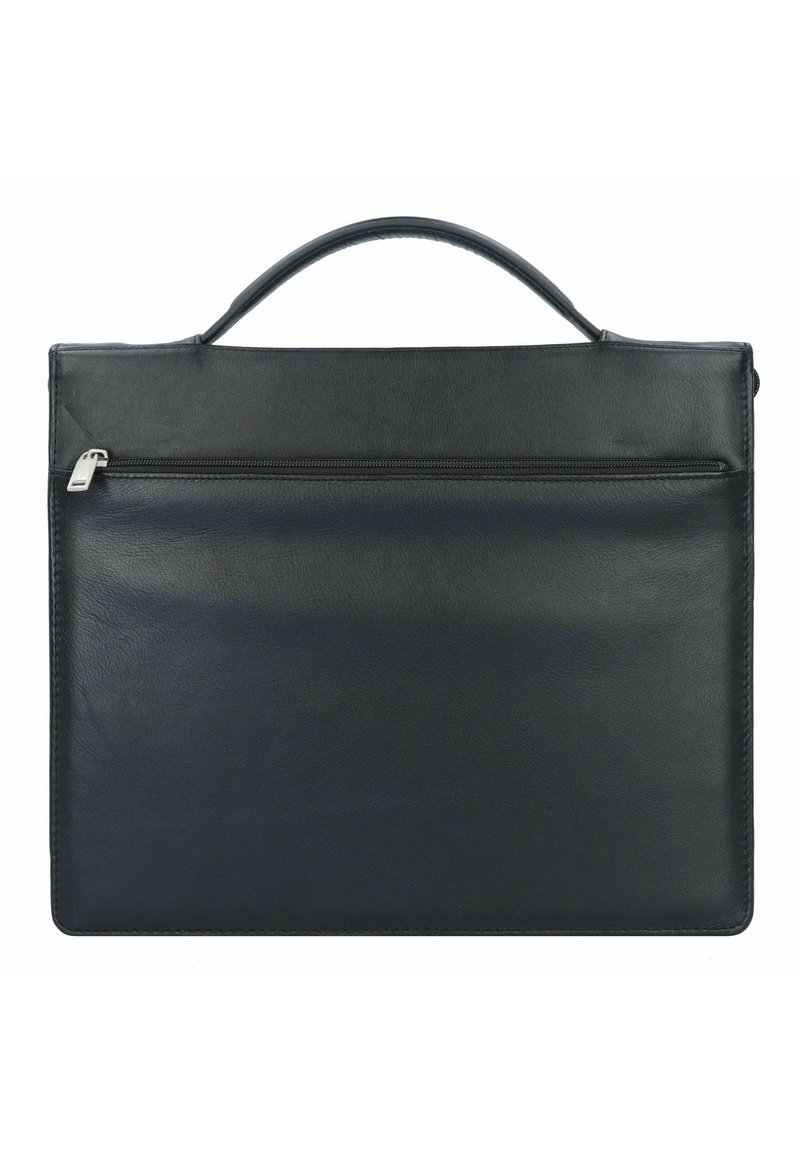Black leather briefcase with a sleek rectangular shape. Features a top handle and a front zipper pocket. Smooth texture and minimal design.