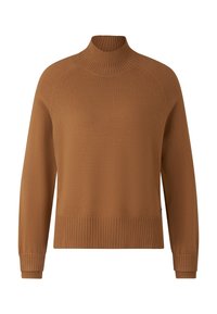 Brown knit pullover with a high, ribbed collar. Features raglan sleeves, ribbed cuffs, and hem. Smooth texture, medium weight fabric.