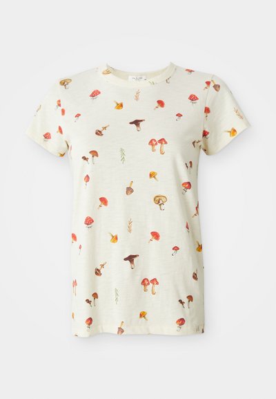 Svijetlosmeđi T-shirt od pamuka, s razbacanim uzorkom gljiva u raznim bojama. Okrugli izrez i kratki rukavi.