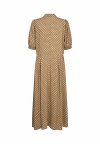 Ruskea pilkullinen mekko, jossa on lyhyet puffihihat, kauluskäänne ja liehuva helma. Valmistettu kevyestä kankaasta, jossa on sileä pinta.