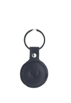 Black leather keychain with a round pouch and silver metal ring, featuring subtle embossed logo at center.