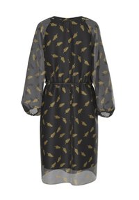 Robe noire mi-longue avec manches longues transparentes, taille cintrée et motif plumes dorées sur toute la surface.