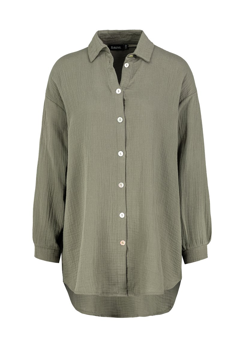 Olive green button-up shirt with a textured fabric, a collared neckline, seven buttons down the front, and long sleeves with buttoned cuffs.