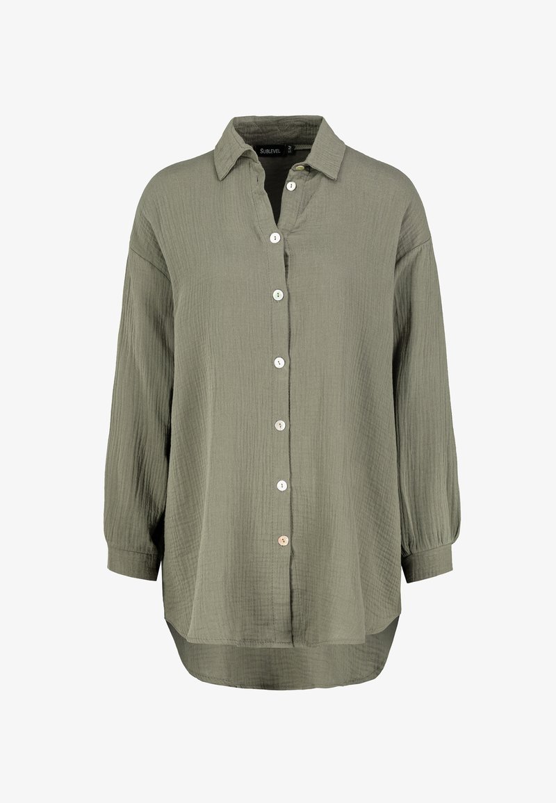 Olive green button-up shirt with a textured fabric, a collared neckline, seven buttons down the front, and long sleeves with buttoned cuffs.