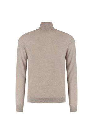 Beżowy sweter z golfem wykonany z miękkiego dzianiny. Posiada długie rękawy oraz dopasowany krój z prążkowanymi detalami przy mankietach i u dołu.