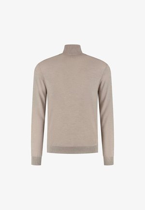 Béžový rolák vyrobený z měkké pleteniny. Má dlouhé rukávy a přiléhavý střih s žebrovanými detaily na manžetách a spodním lemu.