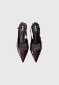 Pointed-toe slingback shoes in deep burgundy with crocodile texture. Smooth black interior and gold logo on the insole. Adjustable strap.