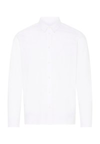 Camisa de algodón de manga larga y botones en color blanco, con cuello puntiagudo, que presenta una tapeta frontal y cierre de botones, con una textura suave.