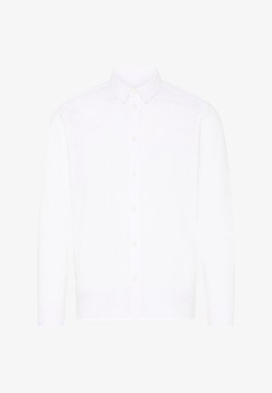 Camicia bianca a maniche lunghe con bottoni, realizzata in cotone, dotata di colletto a punta, una patta frontale e chiusura con bottoni, con una texture liscia.