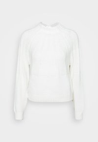 Valkoinen neulepaita, jossa on ribbimuotoilu, korkea kaulus ja pitkät hihat. Ominaisuuksiin kuuluu lyhyt malli ja mukava istuvuus.