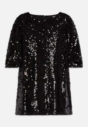 Black short dress with quarter sleeves, fully covered in shiny black sequins, featuring a round neckline and back zipper.
