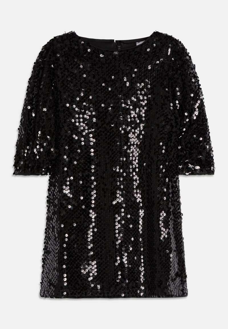 Robe courte noire à manches trois-quarts, entièrement couverte de sequins noirs brillants, avec un col rond et une fermeture éclair au dos.