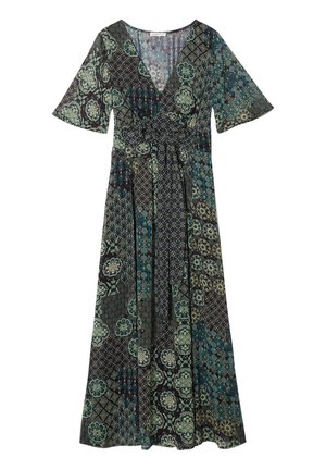 Robe maxi avec un décolleté en V profond, des manches courtes évasées et un mélange de motifs floraux et géométriques complexes dans des tons de vert et de bleu sur un fond sombre.