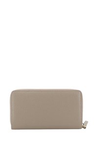 Leather wallet in light beige with a textured finish, rectangular shape, zip closure, and gold-tone hardware accent. Simple, functional design.