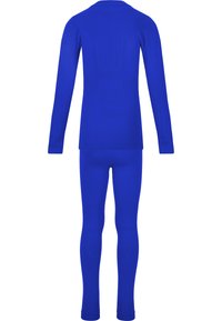 Haut de sport à manches longues bleu et leggings assortis en tissu extensible. Présente une coupe ajustée et des panneaux texturés dans le dos.