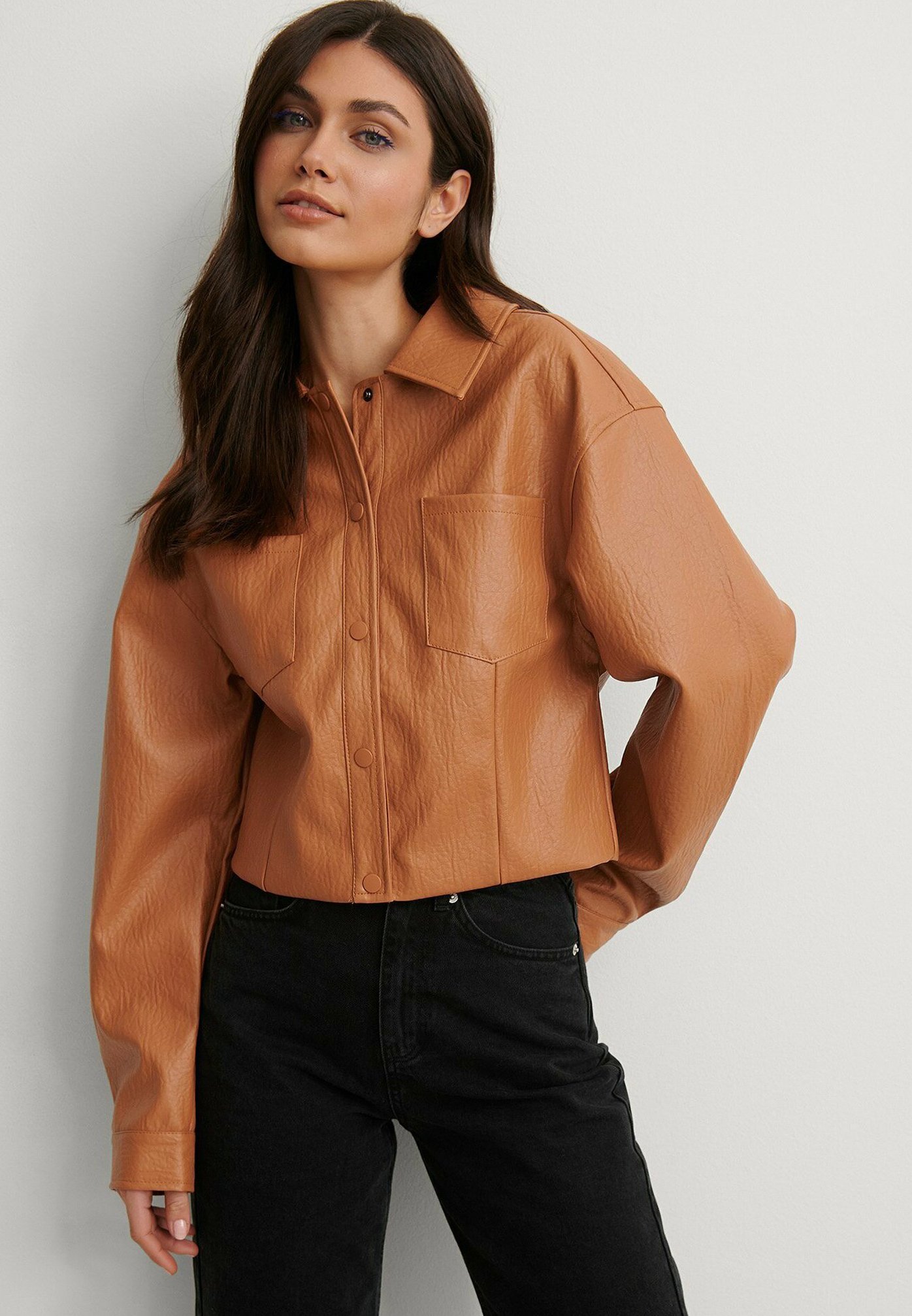 orange faux leather jacket