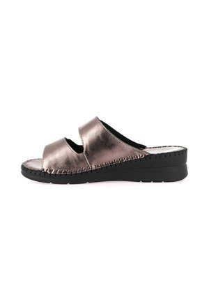 Sandalo tipo slide bronzo metallizzato con due cinturini larghi e suola nera imbottita, profilo laterale su sfondo bianco.