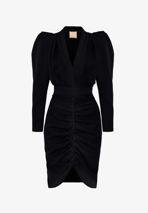 Czarna sukienka z długimi bufiastymi rękawami, krój kopertowy, marszczony przód z detalami w postaci guzików, do kolan, wykonana z gładkiego materiału.