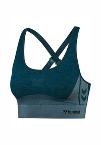 Teal sportbeha met een naadloos ontwerp, kruisende schouderbanden, textuurstof en subtiele grijze accenten. Logo gedrukt op de band.