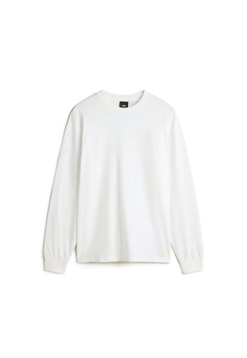 White long-sleeve t-shirt made of cotton, featuring a round neckline, ribbed cuffs, and a small brand tag near the hem.