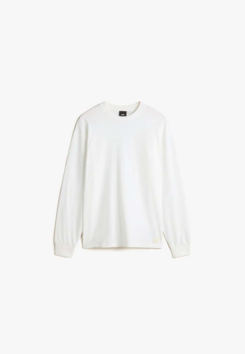 White long-sleeve t-shirt made of cotton, featuring a round neckline, ribbed cuffs, and a small brand tag near the hem.