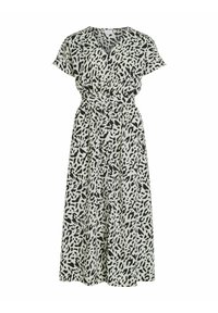 Sukienka w czarno-białe zwierzęce wzory z krótkimi rękawami, dekoltem w serek, wysmuklającą talią i długością do ziemi. Wykonana z lekkiego materiału.