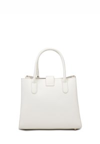 Borsa a tracolla bianca in pelle con due manici corti, forma rettangolare, finitura texturizzata, base piatta e una piccola chiusura a pattina.