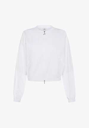 Biała kurtka bombowiec z zamkiem błyskawicznym z przodu, okrągłym dekoltem i elastycznymi mankietami. Wykonana z lekkiego materiału, charakteryzującego się gładką teksturą.