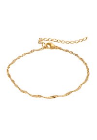 Bracciale in catena attorcigliata dorata con chiusura a granchio e una catena di estensione regolabile. Presenta anelli intricati e una superficie liscia e lucida.