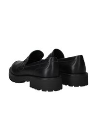 Zwarte leren schoenen met een afgerond ontwerp, een lage profiel en een dikke, gestructureerde zool. Heeft een instapstijl zonder zichtbare sluitingen.