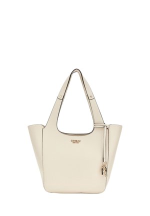 Beige-farbenes Kunstleder-Tote mit offener Oberseite, geschwungenen Griffen und goldenem Beschlag. Verfügt über eine kleine Reißverschluss-Tasche an der Seite.