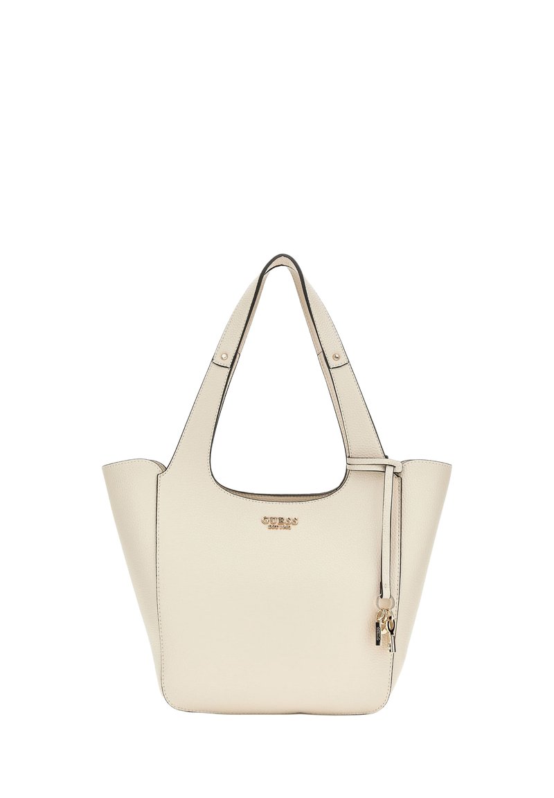 Beige neplederen tasje met een open top, gebogen handvatten en goudkleurige hardware. Beschikt over een klein ritsvak aan de zijkant.