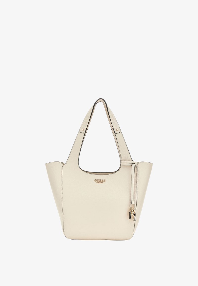 Beige neplederen tasje met een open top, gebogen handvatten en goudkleurige hardware. Beschikt over een klein ritsvak aan de zijkant.