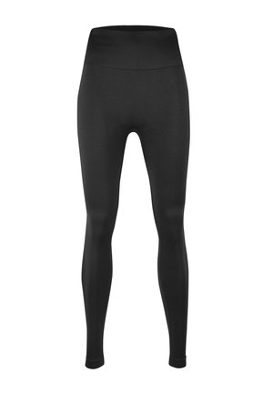 Mustat leggingit korkealla vyötäröllä, valmistettu sileästä ja joustavasta materiaalista. Muotoilu on istuva, kapeneva nilkoissa ilman näkyviä kuvioita.