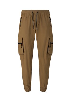Brune cargo joggingbukser med elastisk taljebånd, sorte snore, lynlåslommer på siderne, lommer med klap på lårene og elastiske ankelmanchetter.