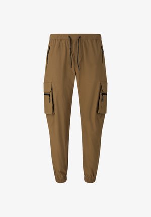 Pantalon cargo jogger marron avec taille élastique, cordons noirs, poches latérales zippées, poches à rabat sur les cuisses et chevilles élastiques.
