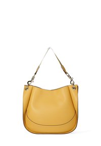 Geel lederen handtas met een gladde textuur, hobo-vorm en contrasterende donkere stiksels. Beschikt over een enkele schouderband met metalen accenten.