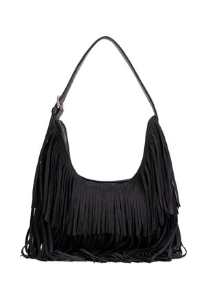 Bolso negro de hombro con largas flecos que cubren el frente y los laterales, con una sola correa y un detalle minimalista de hebilla.