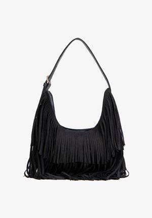 Bolso negro de hombro con largas flecos que cubren el frente y los laterales, con una sola correa y un detalle minimalista de hebilla.