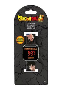 Orologio LED con cinturino nero, quadrante quadrato, display digitale rosso. Confezione con sfondo nero testurizzato e personaggi di Dragon Ball Super.