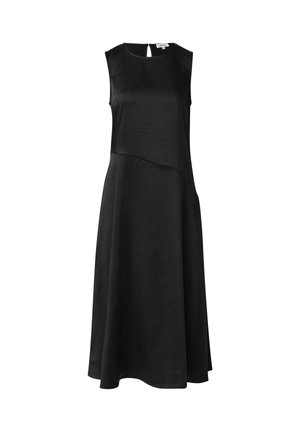 Black sleeveless dress with an asymmetric design, smooth texture, knee-length hem, and a keyhole back detail. Lightweight fabric.