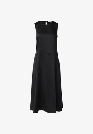 Black sleeveless dress with an asymmetric design, smooth texture, knee-length hem, and a keyhole back detail. Lightweight fabric.