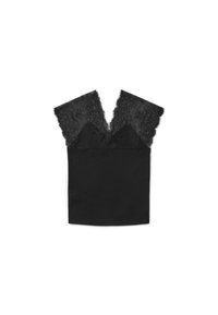 Camicetta nera con design aderente, dotata di scollatura in pizzo e maniche a cappuccio. Il tessuto è liscio con una morbida texture.