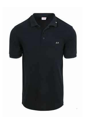 Black short-sleeve polo shirt with two-button placket and small white logo on chest and collar, displayed on white background.