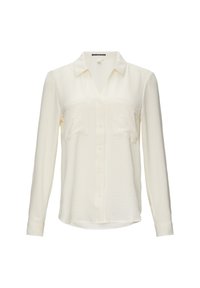 Cremfarbene Bluse mit langen Ärmeln, Kragen, zwei vorderen Taschen, Knopfverschluss und einem leicht strukturierten Stoff.