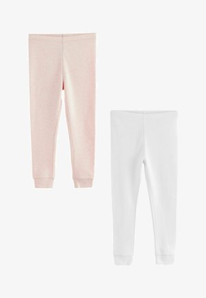 To sæt tætsiddende leggings: et i lys pink strikket stof og et i ensfarvet hvidt, begge med elastiske manchetter og en glat tekstur.
